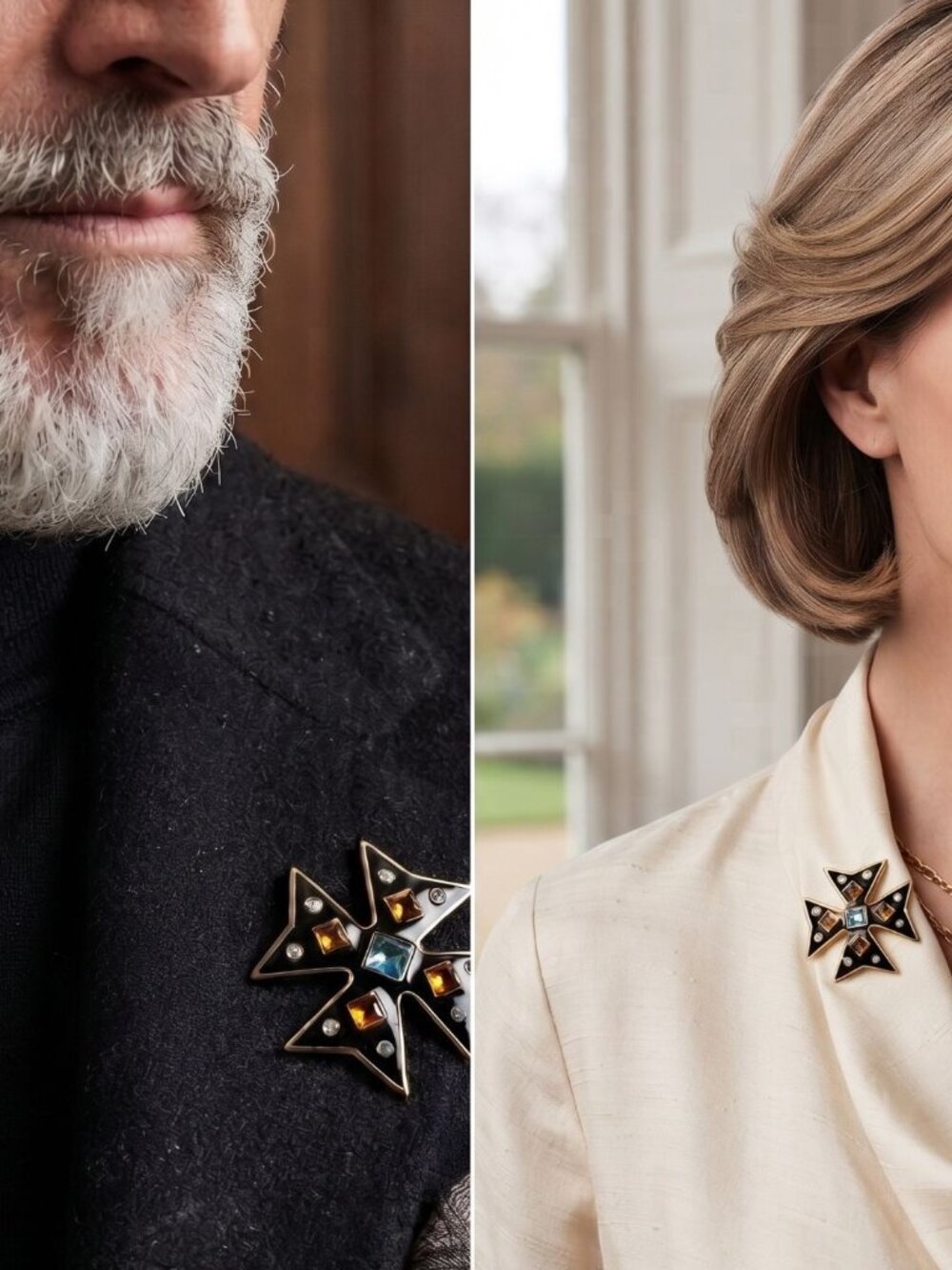 Vintage Kenneth Jay Lane Maltese Cross Brooch, Black Enamel Rhinestones, Unisex